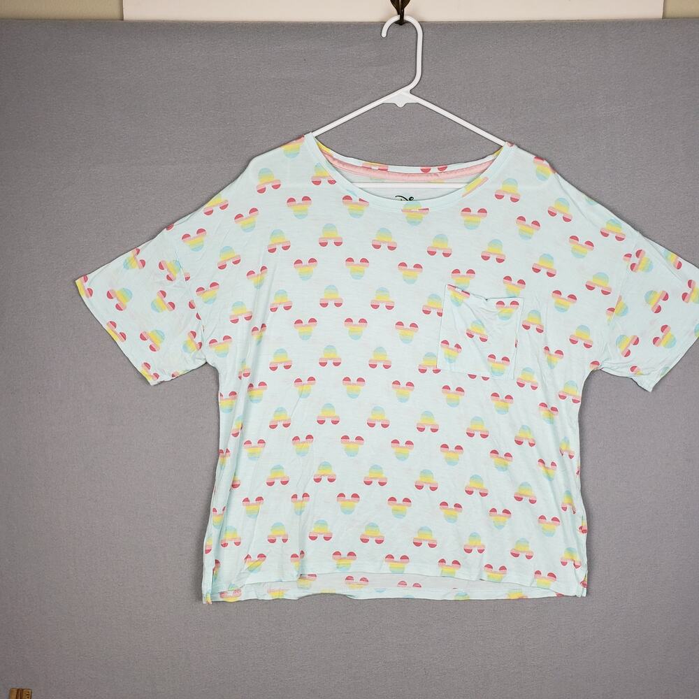 Disney Women's Size L Mickey Head AOP Graphic‎ Tee Shirt Rainbow Stripe Vacation